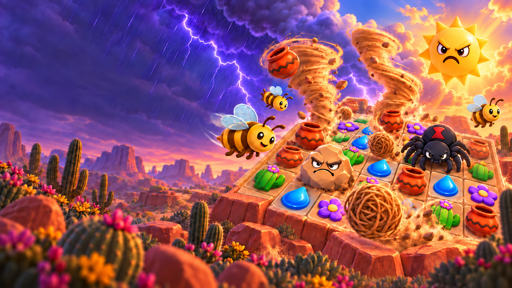 A lively Desert Drama match-3 board with bees, tumbleweeds, dirt devils, clay pots, an angry rock and spider under a desert monsoon.