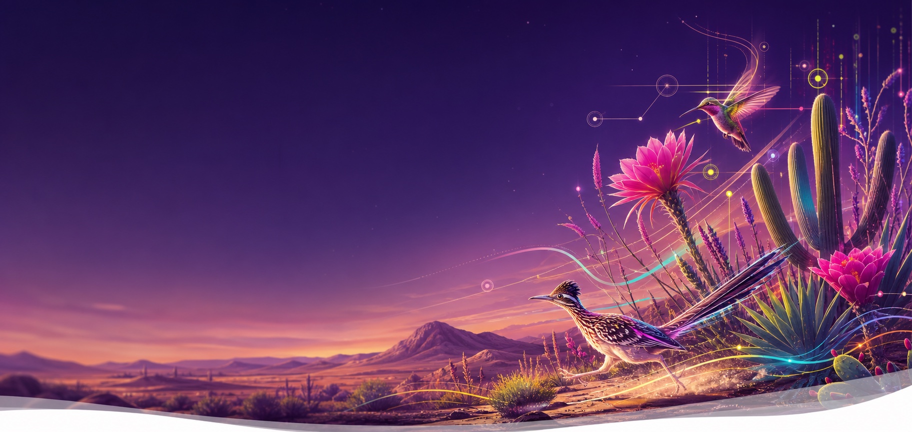 Electric desert scene with desert flowers, a hummingbird, a roadrunner, and luminous connected-system lines.