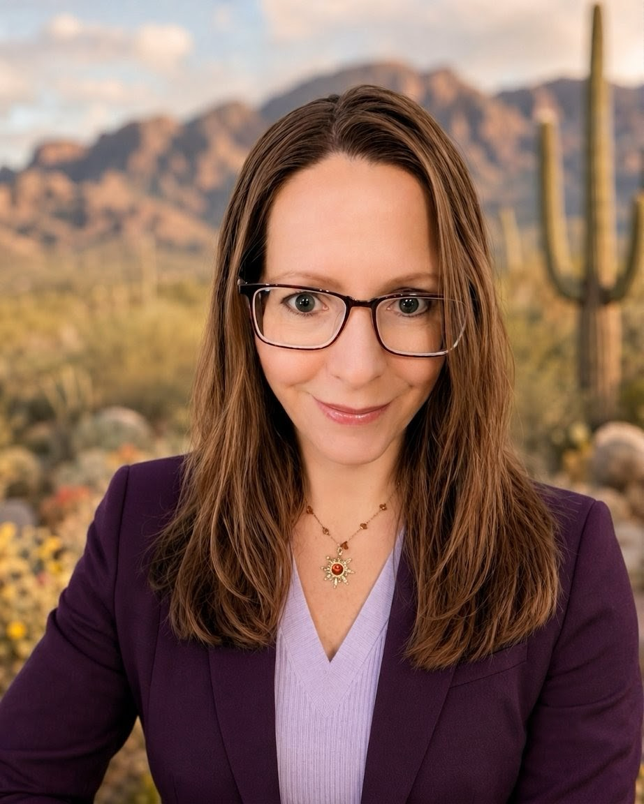 Sarah Brenner, founder of East Valley Software, with an Arizona desert backdrop